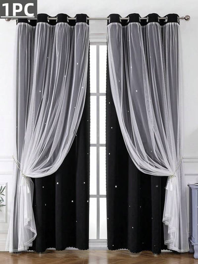 1pc Black Curtain With Starry Pattern, Suitable For Living Room And Bedroom, Made Of Thick Fabric And Sheer Fabric, Light Blocking And Darkening, Perfect For Festival Decoration And Lovely Princess Style