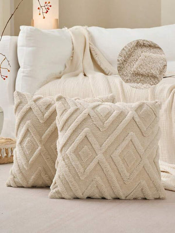 Set Of 2 Faux Fur Cream White Throw Pillow Covers 18x18,Soft Checkborad Pattern Decorative Boho Pillow Cover Case Cushion Cover For Sofa Couch Bed Livingroom Farmhouse,Modern Accent,Fall Decor,Autumn Decor,Room Decor