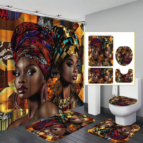 4pcs African American Woman Shower Curtain Set, Boho Theme Bathroom Set With 12 Hooks, Non-Slip Rugs, Toilet U-Shape Mat, Seat Cover, Machine Washable Bathroom Decoration Accessories, African Shower Curtain Gift For Girls Women