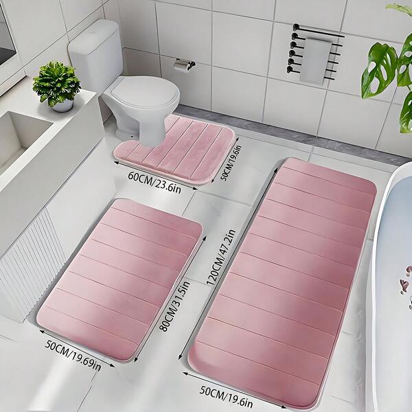 TAIMASI 3-Piece Pink Memory Foam Bathroom Rug Set, Soft Plush Non-Slip Bath Mats, Super Absorbent & Quick Dry Washable Thick Bathroom Rugs For Shower, Toilet, Kitchen, Bedroom & Laundry Room